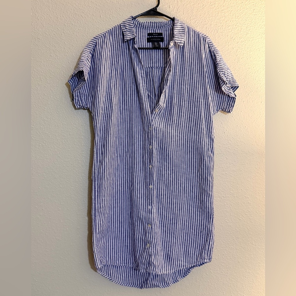 Tahari Blue and White Striped Dress Shirt | 100% Linen | Size Small